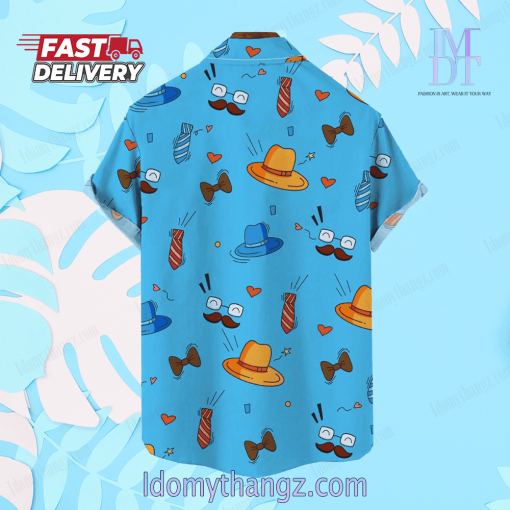 Super Dad Classic Blue And Yellow Color Matching Stripes And Father’s Day Elements Patterns Printing Breast Pocket Hawaiian Shirt