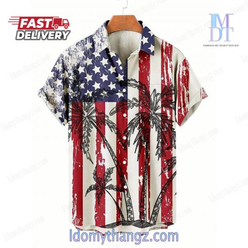 Vacation American Flag Coconut Tree Hawaiian Shirt