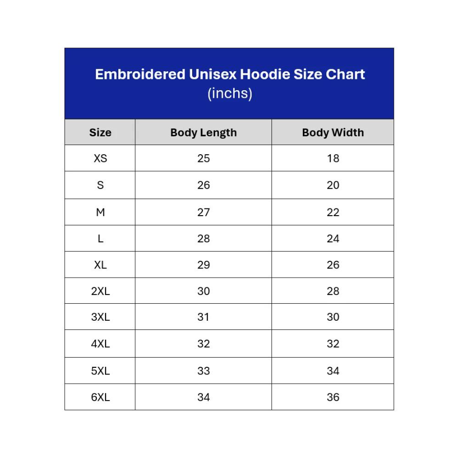 Embroidered Unisex Hoodie Size Chart