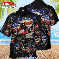 Eye Catching American Flag Skull And Chains Printing 4th of July Cuban Collar Carnival Hawaiian Shirt