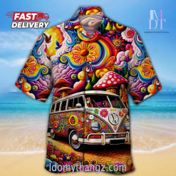 Eye Catching Psychedelic Colorful Hippie Flower Bus And Clouds Hawaiian Shirt 2