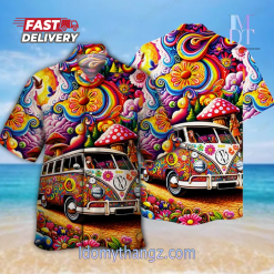 Eye Catching Psychedelic Colorful Hippie Flower Bus And Clouds Hawaiian Shirt