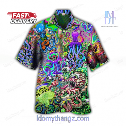 Eye Catching Psychedelic Hippie Funny Octopus Printing Cuban Collar Hawaiian Shirt