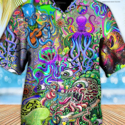 Eye Catching Psychedelic Hippie Funny Octopus Printing Cuban Collar Hawaiian Shirt