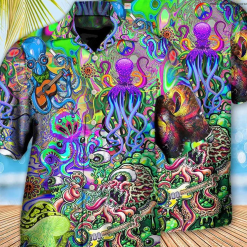 Eye Catching Psychedelic Hippie Funny Octopus Printing Cuban Collar Hawaiian Shirt