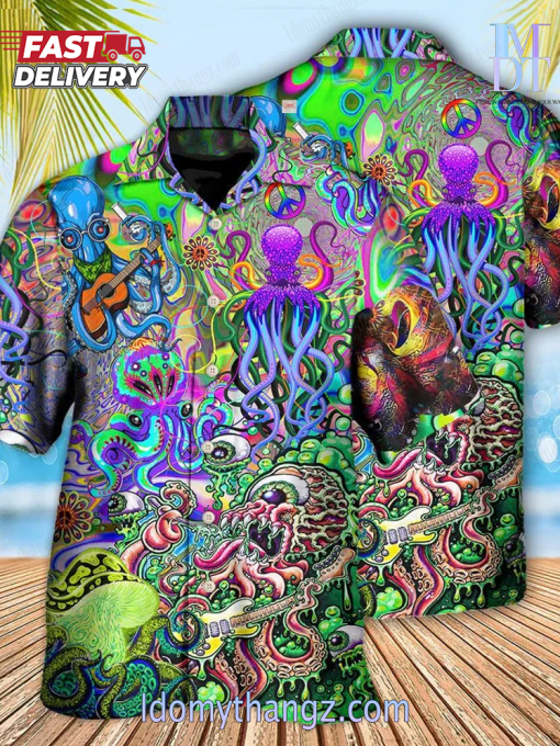 Eye Catching Psychedelic Hippie Funny Octopus Printing Cuban Collar Hawaiian Shirt