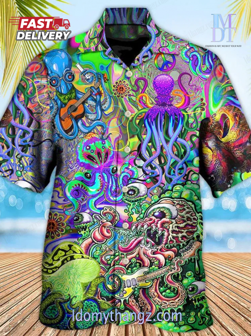 Eye Catching Psychedelic Hippie Funny Octopus Printing Cuban Collar Hawaiian Shirt