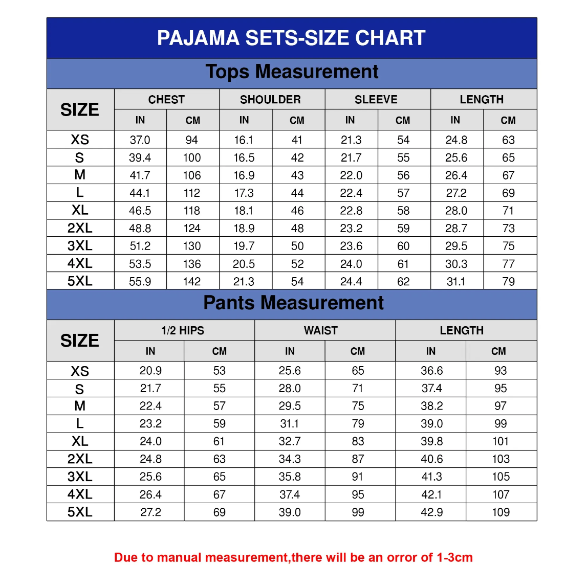 Pajamas Set Size Chart