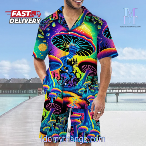 Psychedelic Hippie Magic Mushrooms Forest Printing Hawaiian Cuban Collar Short Sleeve Shirt Set