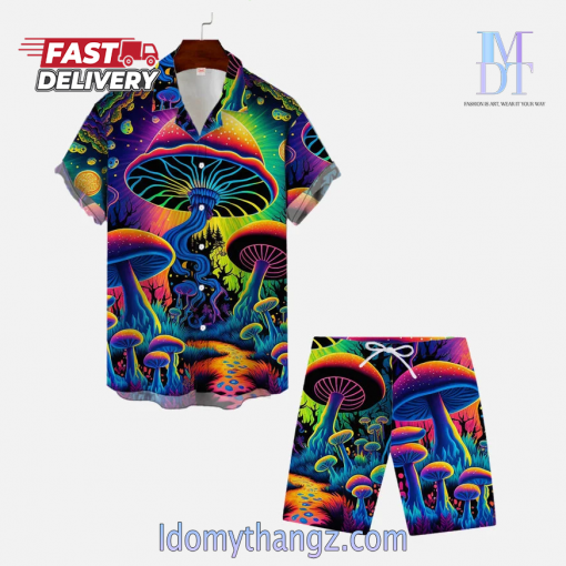 Psychedelic Hippie Magic Mushrooms Forest Printing Hawaiian Cuban Collar Short Sleeve Shirt Set