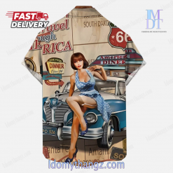 Vintage Pin Up Girl Poster Travel USA Route 66 Retro Car And Girl Printing Hawaiin Shirt 2