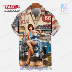 Vintage Pin Up Girl Poster Travel USA Route 66 Retro Car And Girl Printing Hawaiin Shirt