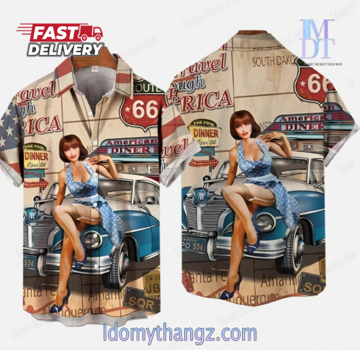 Vintage Pin Up Girl Poster Travel USA Route 66 Retro Car And Girl Printing Hawaiin Shirt