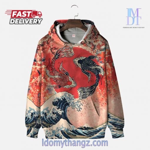 Ukiyo-E Koi Carp And Red Sun With Waves Printing Hoodie