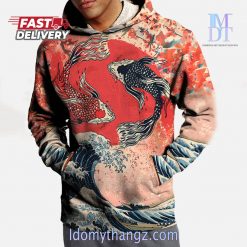 Ukiyo-E Koi Carp And Red Sun With Waves Printing Hoodie