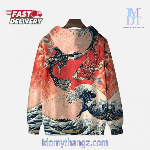 Ukiyo-E Koi Carp And Red Sun With Waves Printing Hoodie