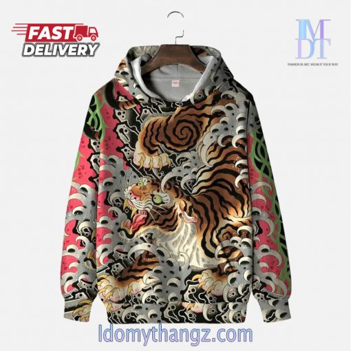 Abstract Ukiyo-E Style Peach Blossom Tiger And Clouds Printing Hoodie