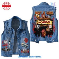 Horror Movies Just A Girl Who Loves Sleeveless Denim Jacket